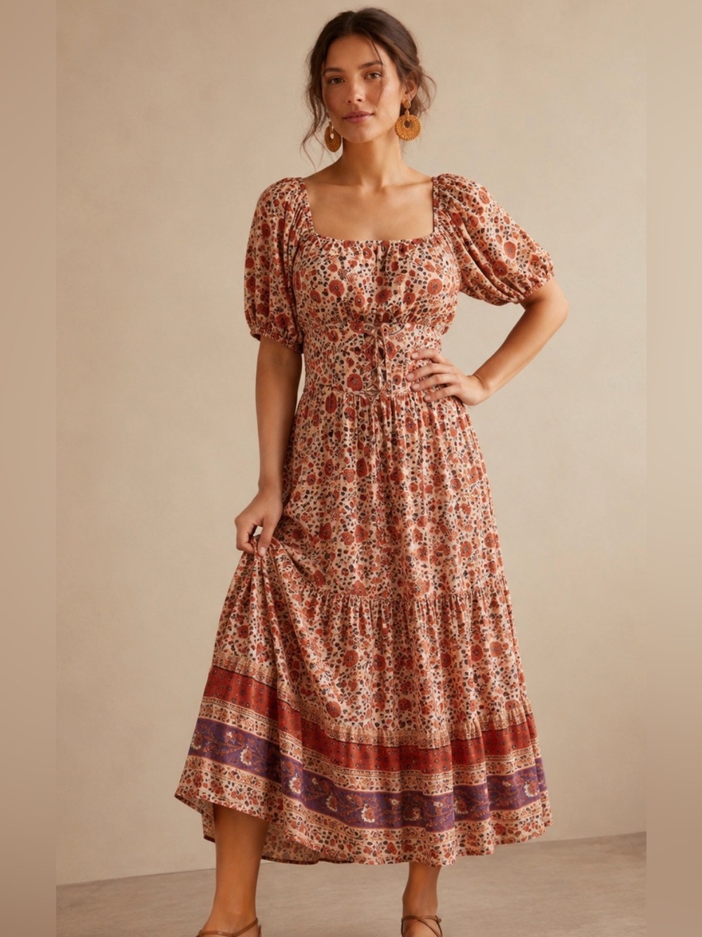 Spell Wild Bloom Corset Midi Dress Floral Puff Sleeve Boho Large